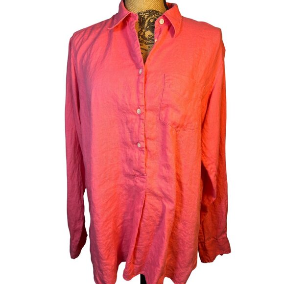 Ralph Lauren Linen Top Sz Large Women's Button-Down Lagenlook Barbie Pink Casual - Picture 1 of 5